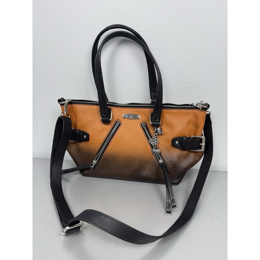 Harley Davidson Purse Womens Orange & Black Ombré Fade Leather Tote Keychain EUC